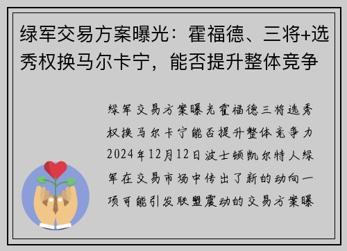 绿军交易方案曝光：霍福德、三将+选秀权换马尔卡宁，能否提升整体竞争力？