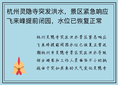 杭州灵隐寺突发洪水，景区紧急响应飞来峰提前闭园，水位已恢复正常